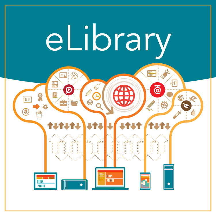 Graphic labeled â€˜eLibraryâ€™ featuring cloud-shaped icons filled with symbols for books, research tools, education, and technology, all connected to various digital devices.